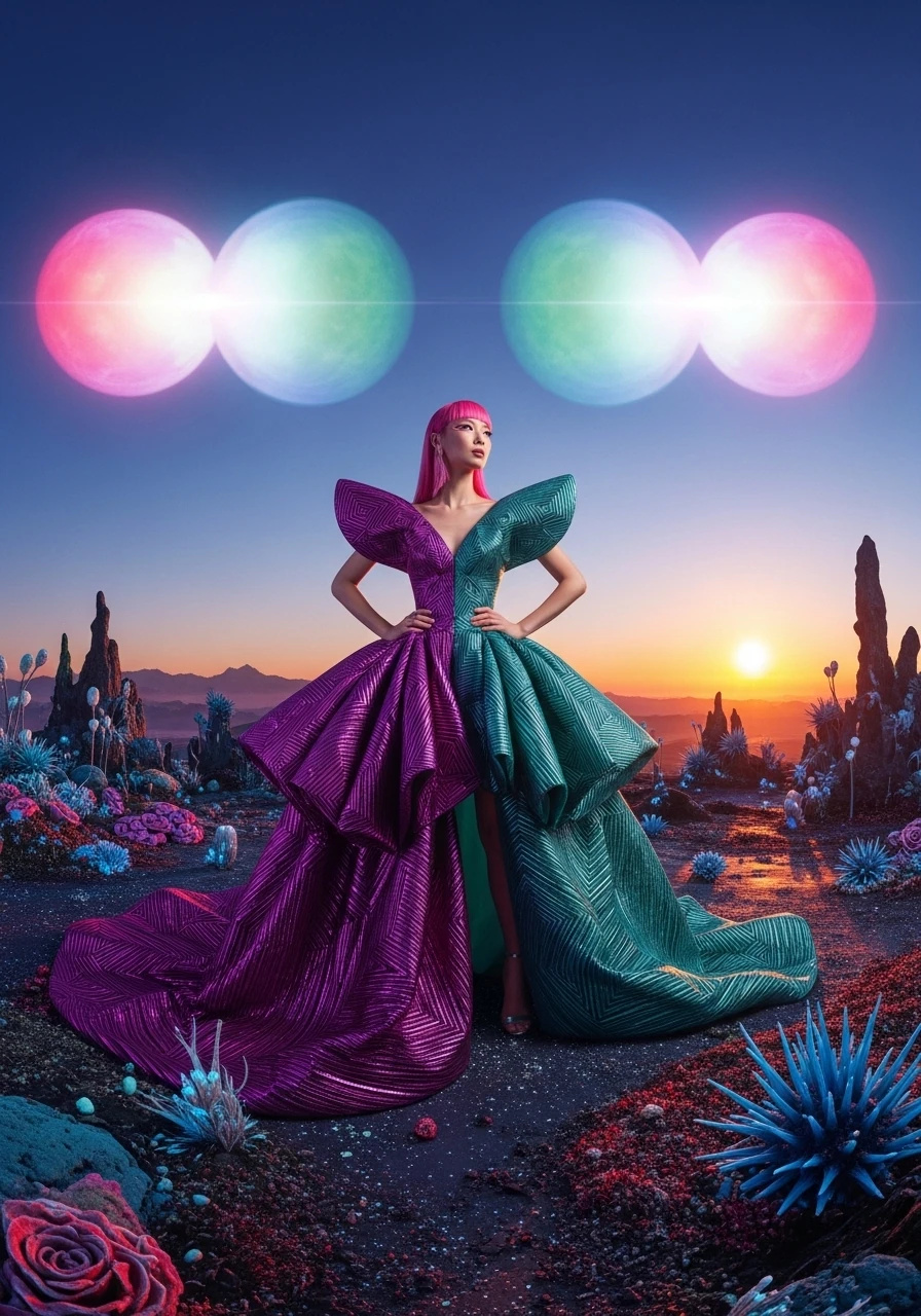 Fashion character in a sculptural purple and teal gown beneath colorful moons