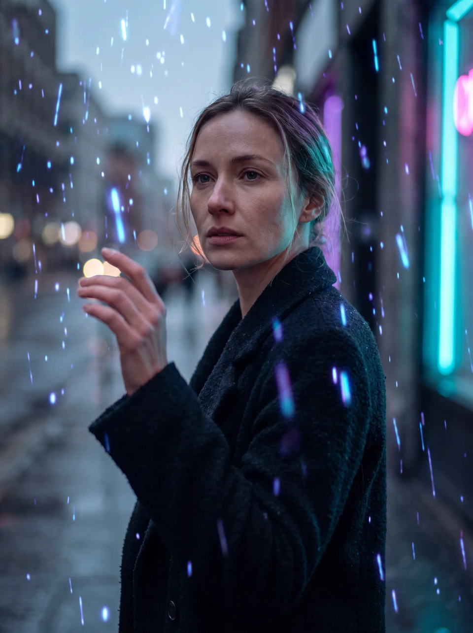 Cinematic portrait of a woman beside reflections in a neon-lit city