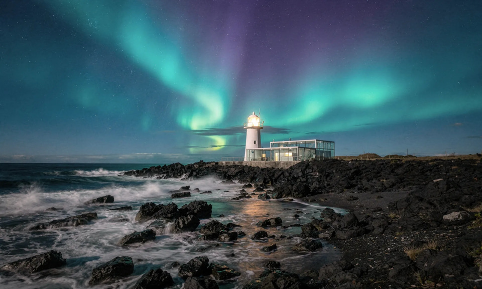 A lighthouse on a rocky coast beneath turquoise and violet northern lights