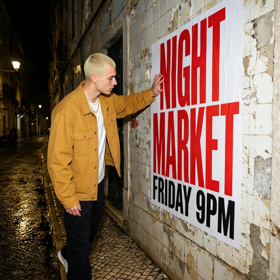 A young man pastes a bold NIGHT MARKET poster on a Lisbon wall under hard flash. — made with Imagera Typeset 3