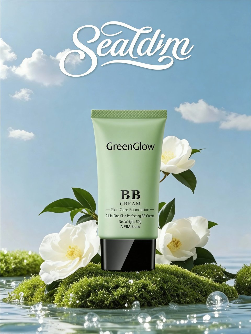 Green cosmetic tube in a light botanical product scene