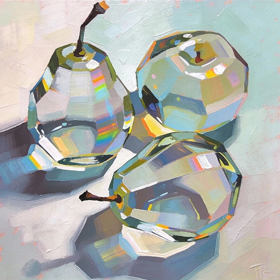 Painterly still life of faceted glass forms in pastel colors