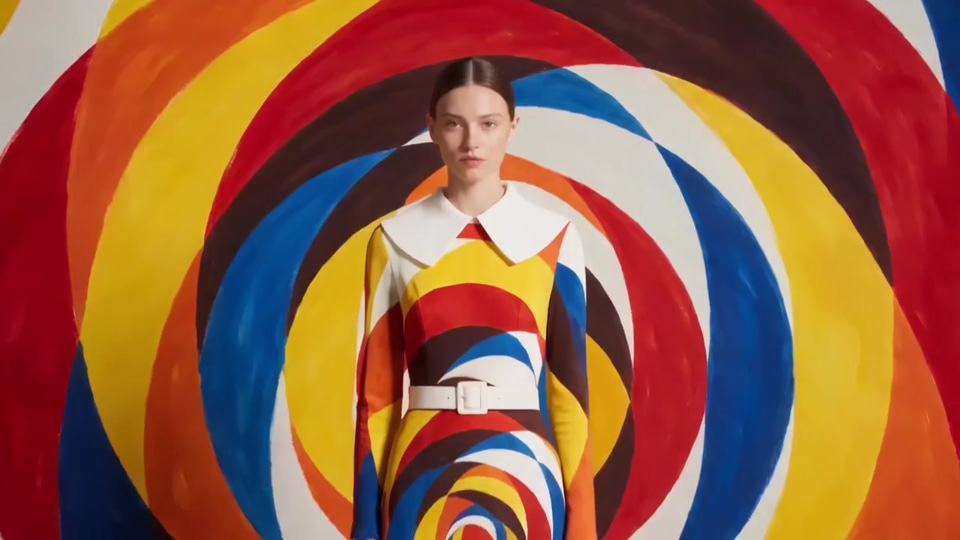 Video sample featuring a model in a colorful geometric outfit