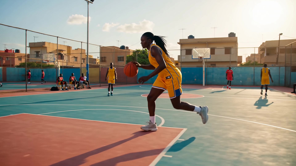 A Senegalese woman slams a dunk on a teal Dakar court as the chain net rattles. — made with Imagera Warlord