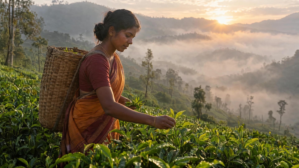 A tea plucker climbs misty Sri Lankan hills as the camera rises into morning sun.
