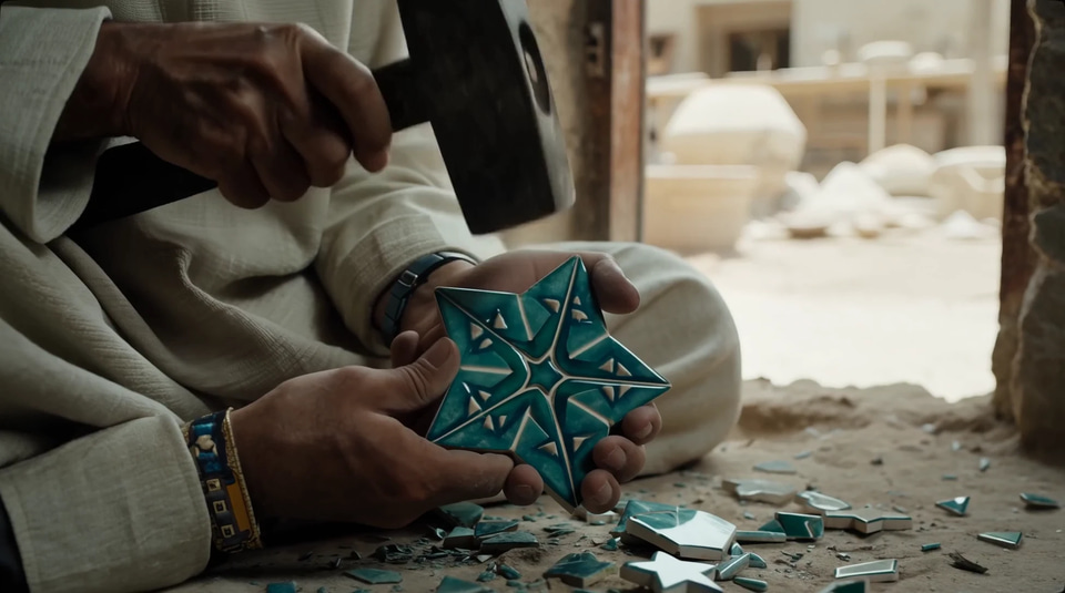A Moroccan craftsman chips an emerald zellige star in a sunbeam, each hammer tap ringing. — made with Kandinsky 6 Pro
