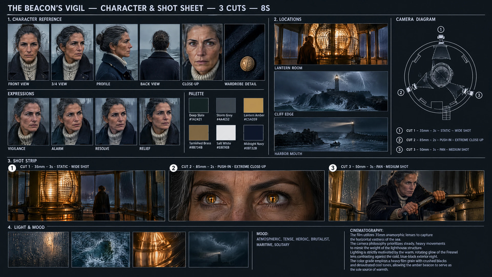 4K production-bible storyboard sheet generated by Imagera's AI Smart Director — character grid, environment plates, palette and numbered shot strip