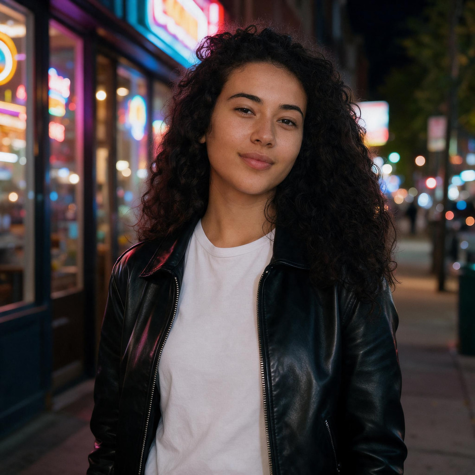 Seedream 5 Pro Edit: Change her denim jacket to a black leather jacket and make it night with neon shop lights, keep her face, hair and pose exactly the same.