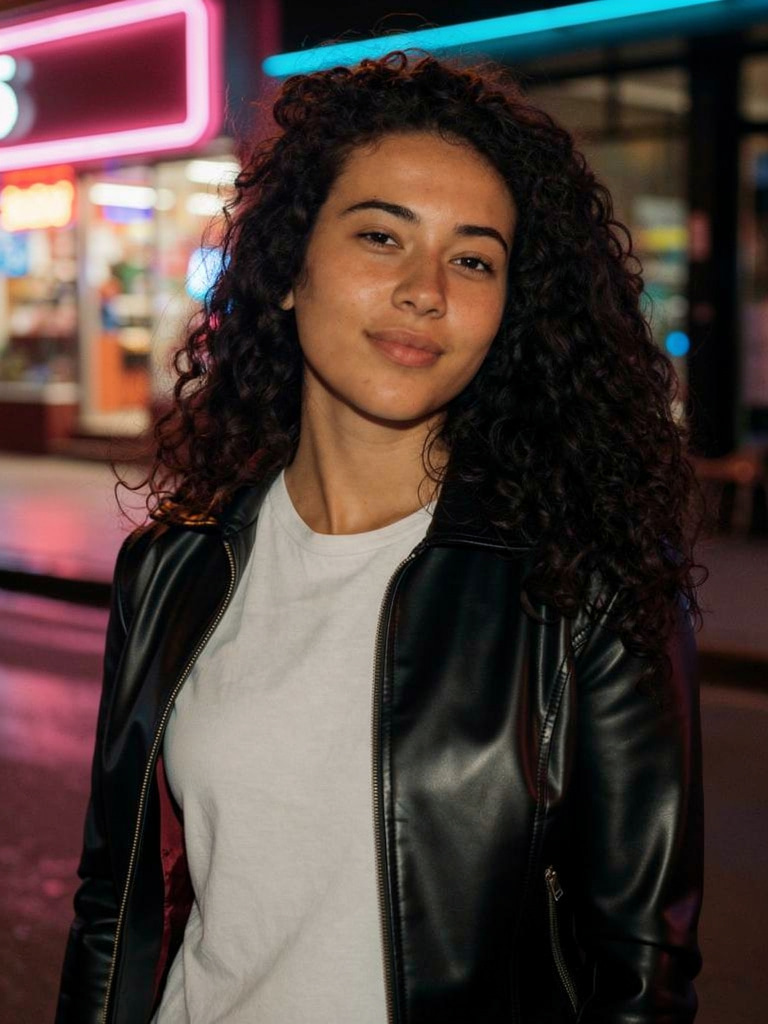 Magic Pose Changer: Change her denim jacket to a black leather jacket and make it night with neon shop lights, keep her face, hair and pose exactly the same.