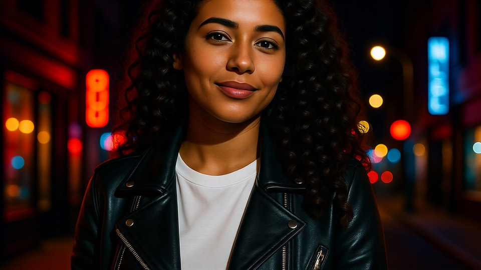 Imagera Queen Edit: Change her denim jacket to a black leather jacket and make it night with neon shop lights, keep her face, hair and pose exactly the same.