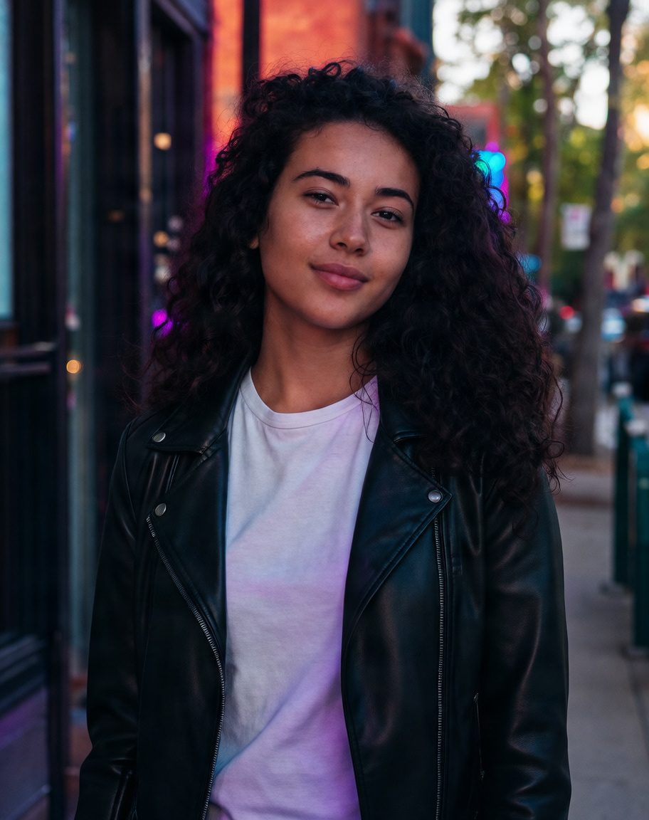 FIBO Edit 1.5: Change her denim jacket to a black leather jacket and make it night with neon shop lights, keep her face, hair and pose exactly the same.