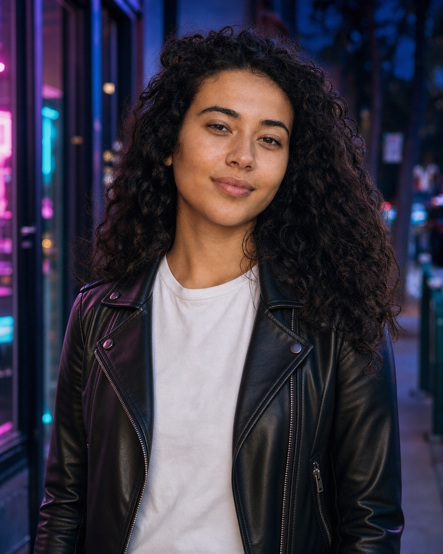 Flux 3 Image Edit: Change her denim jacket to a black leather jacket and make it night with neon shop lights, keep her face, hair and pose exactly the same.