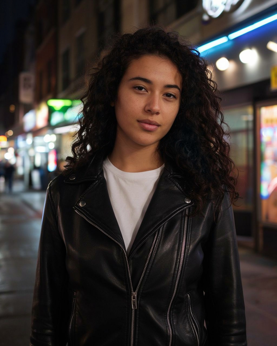 Ideogram 4.5 Edit: Change her denim jacket to a black leather jacket and make it night with neon shop lights, keep her face, hair and pose exactly the same.
