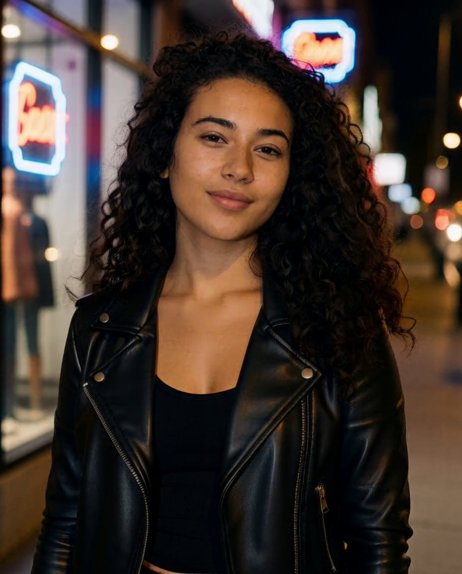 Imagera Hermes Image Edit: Change her denim jacket to a black leather jacket and make it night with neon shop lights, keep her face, hair and pose exactly the same.