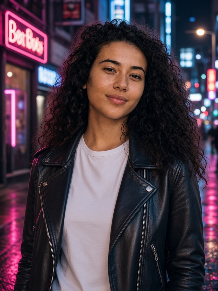 Grok Imagine Edit: Change her denim jacket to a black leather jacket and make it night with neon shop lights, keep her face, hair and pose exactly the same.