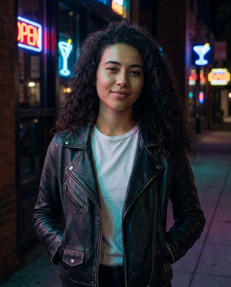 Fast Edit: Change her denim jacket to a black leather jacket and make it night with neon shop lights, keep her face, hair and pose exactly the same.