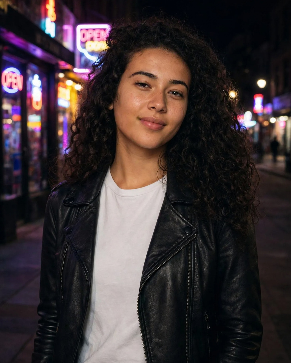 Muse Image Edit: Change her denim jacket to a black leather jacket and make it night with neon shop lights, keep her face, hair and pose exactly the same.
