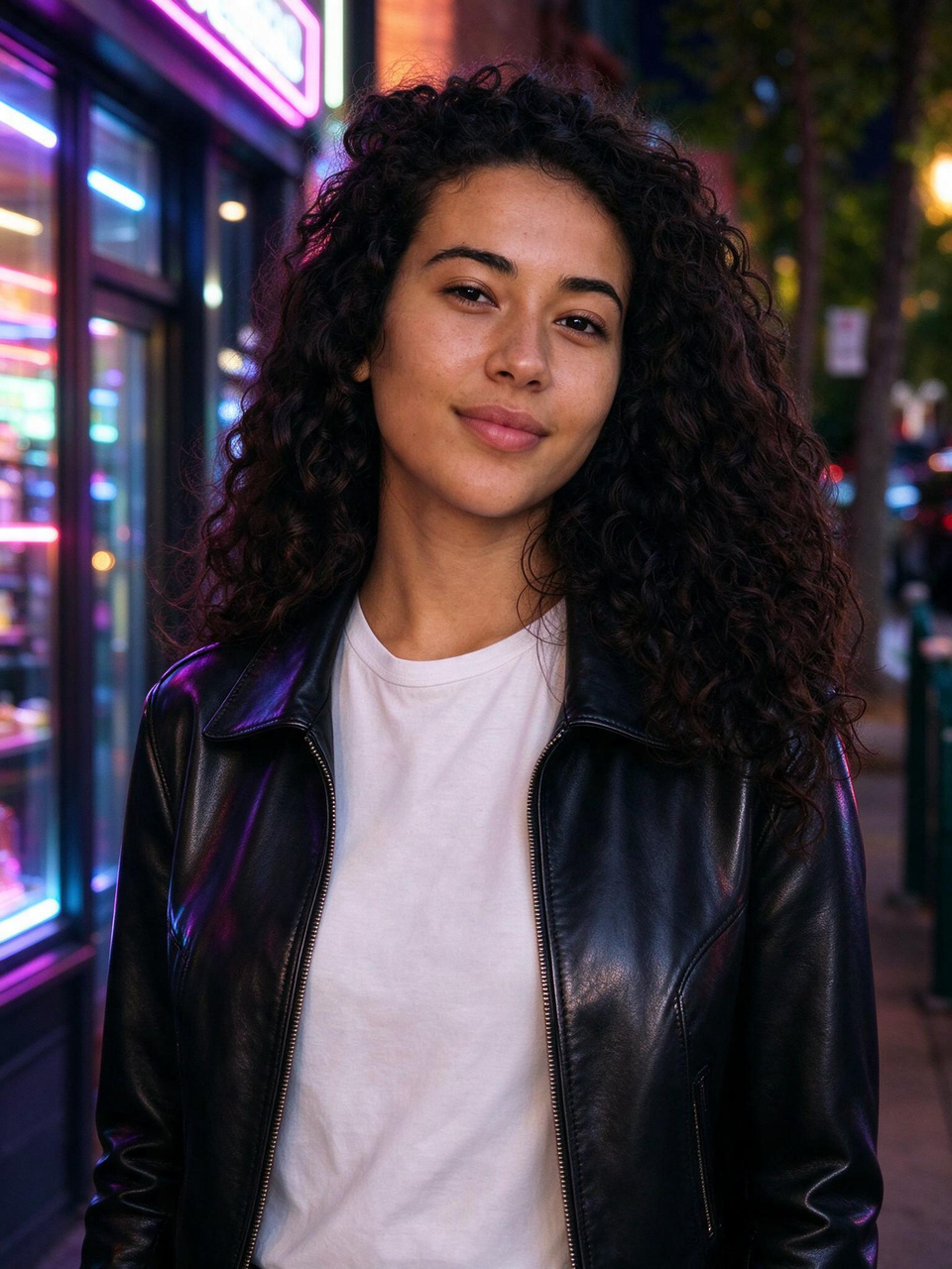 Seedream 5 Flash Edit: Change her denim jacket to a black leather jacket and make it night with neon shop lights, keep her face, hair and pose exactly the same.