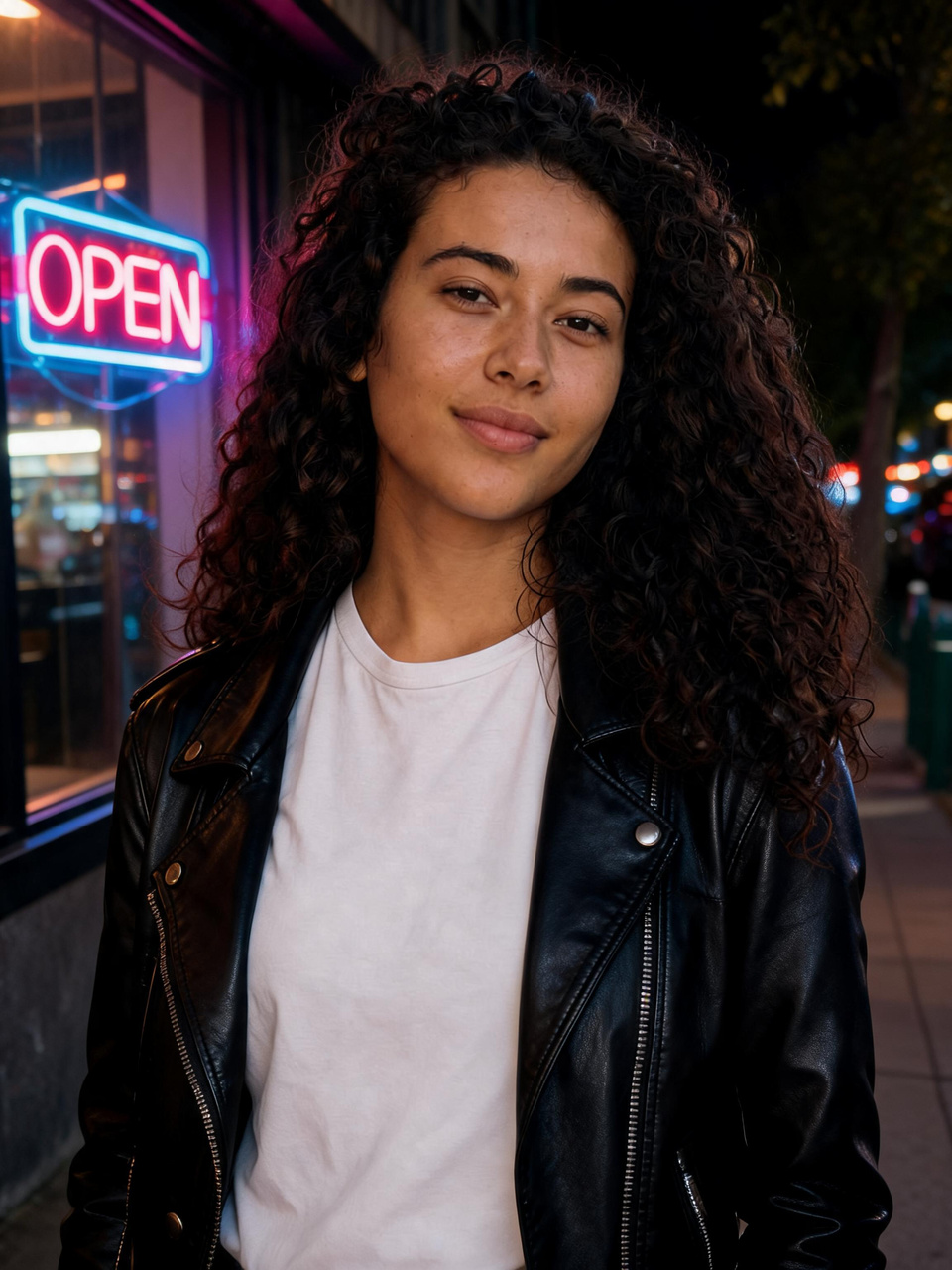 Seedream 5 Lite Edit: Change her denim jacket to a black leather jacket and make it night with neon shop lights, keep her face, hair and pose exactly the same.
