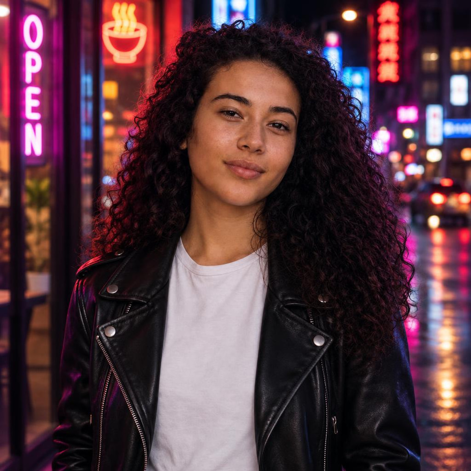 ChatGPT 2.5 Flare Edit: Change her denim jacket to a black leather jacket and make it night with neon shop lights, keep her face, hair and pose exactly the same.