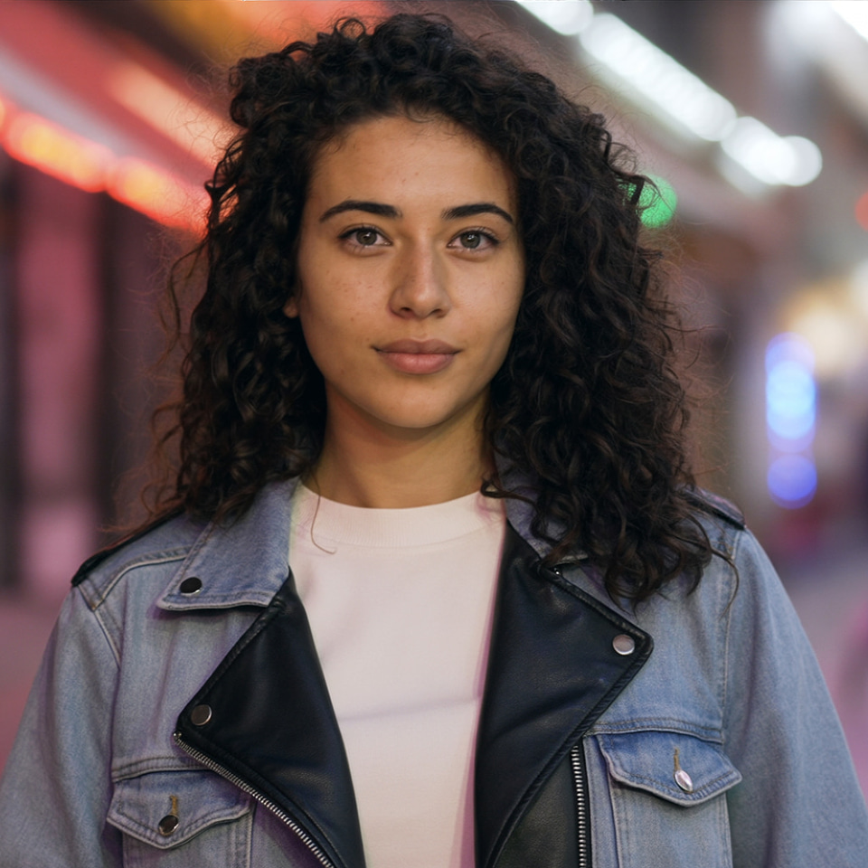 Ideogram Character: Change her denim jacket to a black leather jacket and make it night with neon shop lights, keep her face, hair and pose exactly the same.