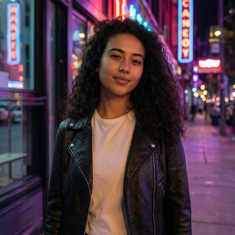 Imagera Warrior Edit: Change her denim jacket to a black leather jacket and make it night with neon shop lights, keep her face, hair and pose exactly the same.