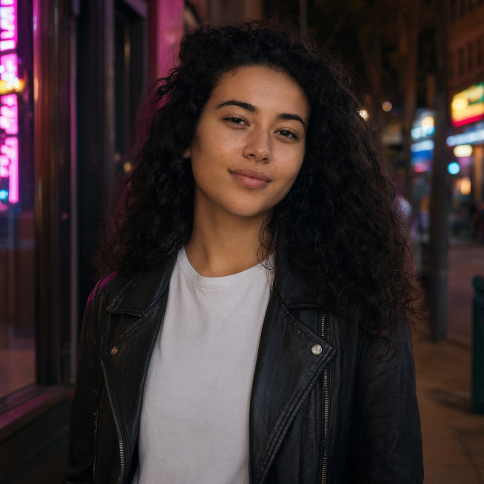 Imagera Typeset 3 (Edit): Change her denim jacket to a black leather jacket and make it night with neon shop lights, keep her face, hair and pose exactly the same.