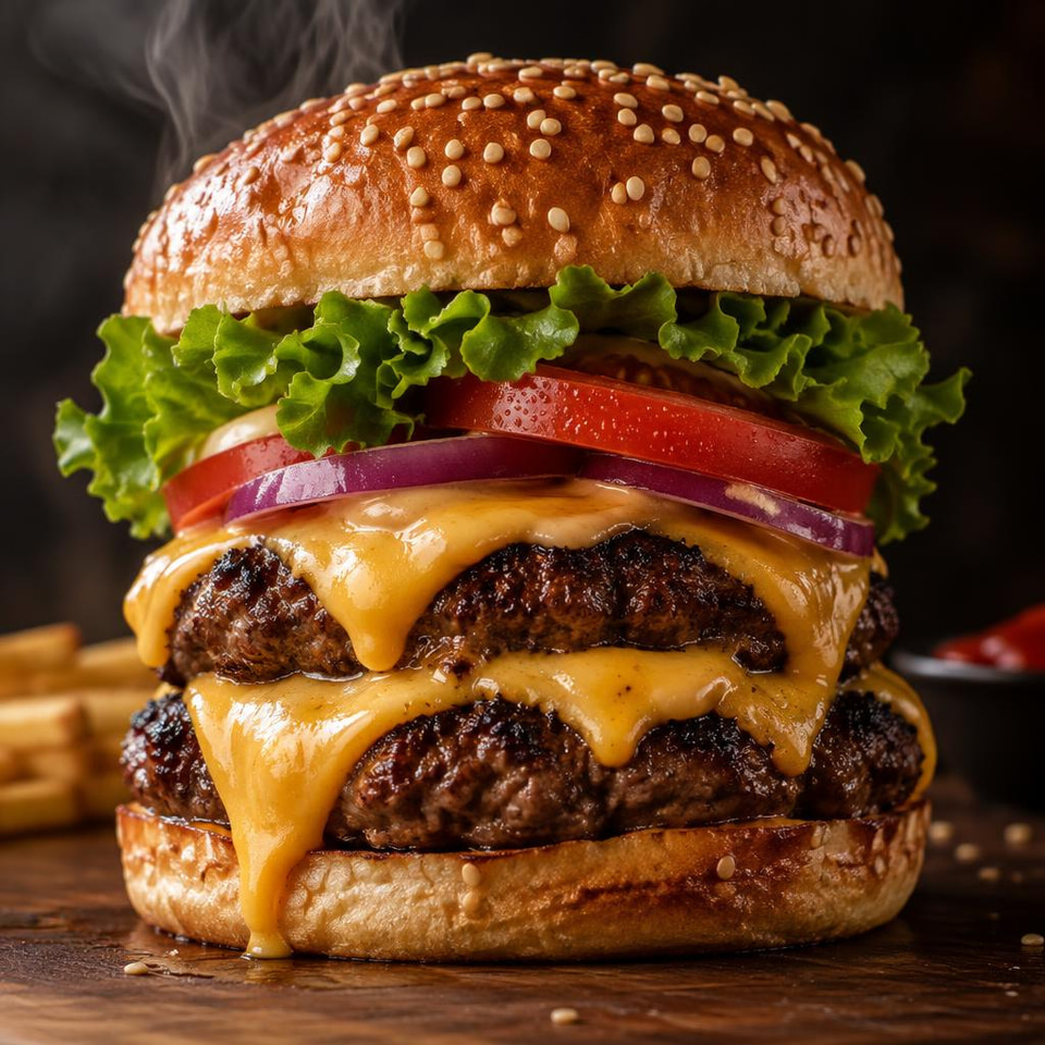 ChatGPT 2.5 Sunburst: Food ad: a stacked double cheeseburger with melting cheese dripping over the patty, toasted sesame bun, fresh lettuce and tomato, dark moody background, a wisp of steam, macro detail.