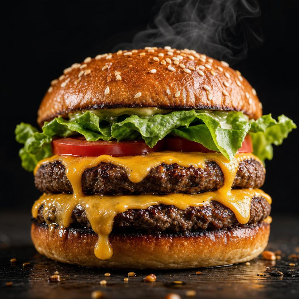 GPT Image 2: Food ad: a stacked double cheeseburger with melting cheese dripping over the patty, toasted sesame bun, fresh lettuce and tomato, dark moody background, a wisp of steam, macro detail.