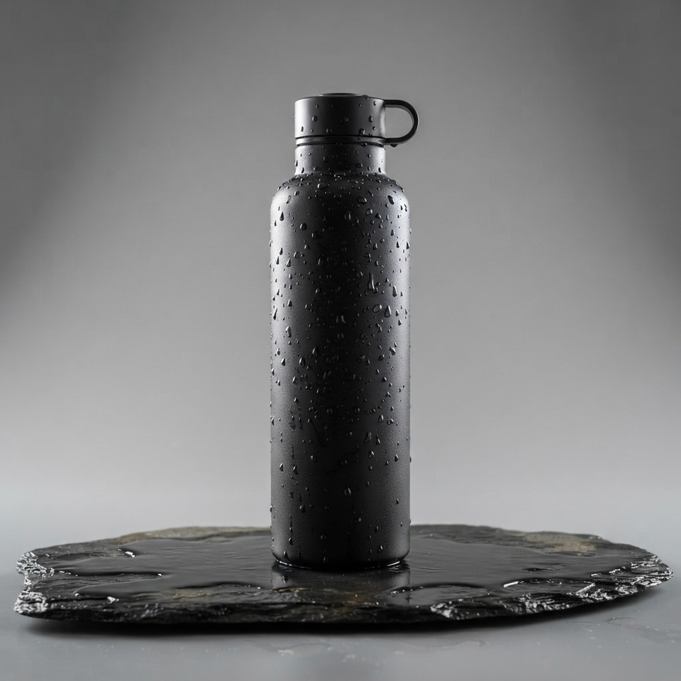 Nano Banana 2 Lite: Studio product photo of a matte black stainless steel water bottle standing on wet dark slate, water droplets beading on the bottle, soft rim light from behind, clean seamless gray background, 85mm lens, sharp focus.