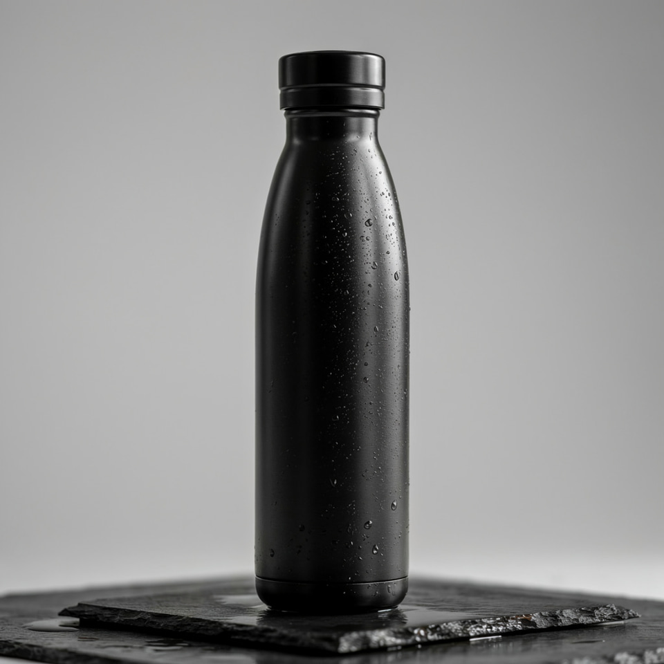 Ideogram 4.5: Studio product photo of a matte black stainless steel water bottle standing on wet dark slate, water droplets beading on the bottle, soft rim light from behind, clean seamless gray background, 85mm lens, sharp focus.