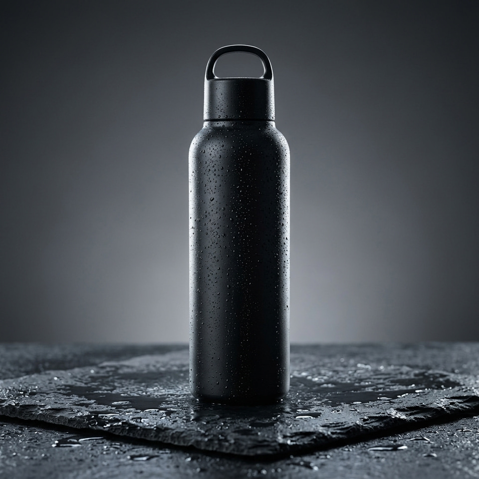 Nano Banana 2.1: Studio product photo of a matte black stainless steel water bottle standing on wet dark slate, water droplets beading on the bottle, soft rim light from behind, clean seamless gray background, 85mm lens, sharp focus.
