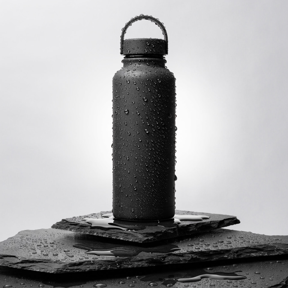 Recraft V4: Studio product photo of a matte black stainless steel water bottle standing on wet dark slate, water droplets beading on the bottle, soft rim light from behind, clean seamless gray background, 85mm lens, sharp focus.
