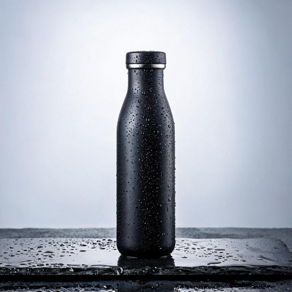 Seedream 5 Lite: Studio product photo of a matte black stainless steel water bottle standing on wet dark slate, water droplets beading on the bottle, soft rim light from behind, clean seamless gray background, 85mm lens, sharp focus.