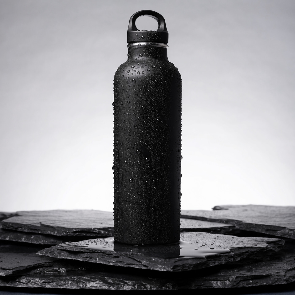 Recraft V4 Pro: Studio product photo of a matte black stainless steel water bottle standing on wet dark slate, water droplets beading on the bottle, soft rim light from behind, clean seamless gray background, 85mm lens, sharp focus.
