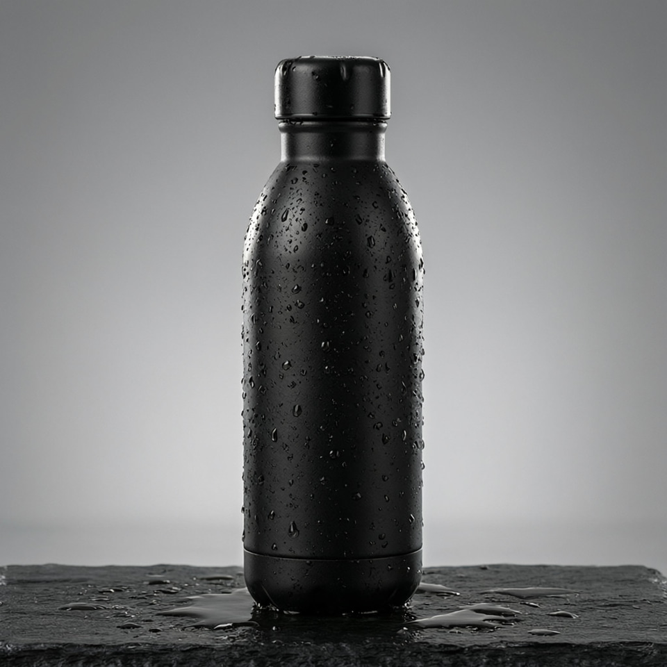 Imagera Typeset 3: Studio product photo of a matte black stainless steel water bottle standing on wet dark slate, water droplets beading on the bottle, soft rim light from behind, clean seamless gray background, 85mm lens, sharp focus.