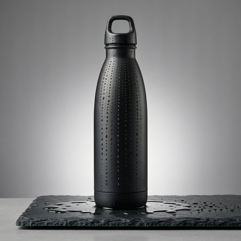 Imagera Warrior: Studio product photo of a matte black stainless steel water bottle standing on wet dark slate, water droplets beading on the bottle, soft rim light from behind, clean seamless gray background, 85mm lens, sharp focus.