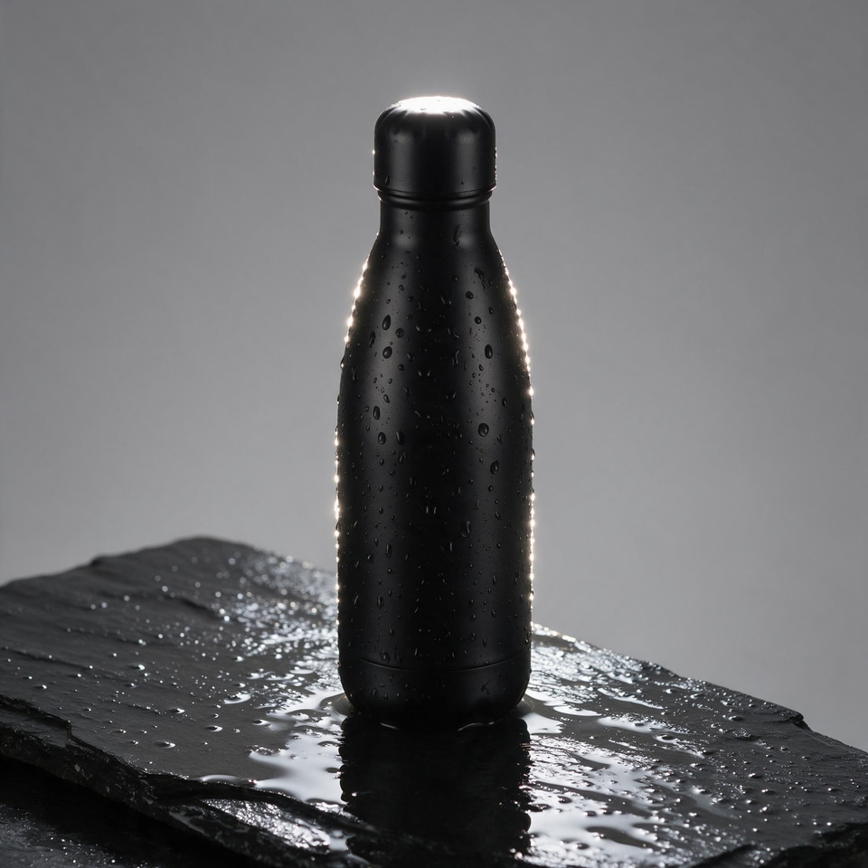 Seedream 5 Pro: Studio product photo of a matte black stainless steel water bottle standing on wet dark slate, water droplets beading on the bottle, soft rim light from behind, clean seamless gray background, 85mm lens, sharp focus.