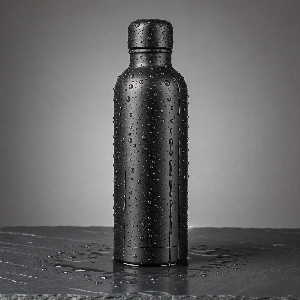 Flux 3 Image: Studio product photo of a matte black stainless steel water bottle standing on wet dark slate, water droplets beading on the bottle, soft rim light from behind, clean seamless gray background, 85mm lens, sharp focus.