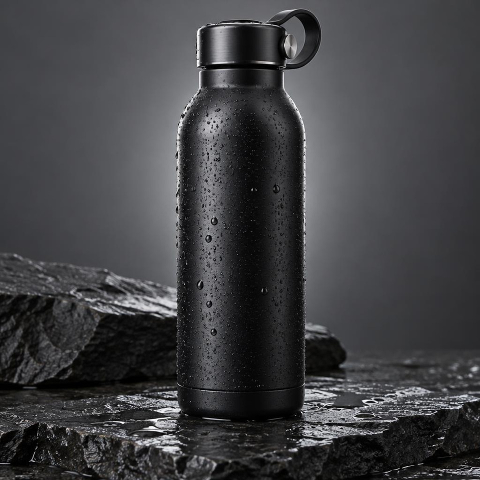 ChatGPT 2.5 Sunburst: Studio product photo of a matte black stainless steel water bottle standing on wet dark slate, water droplets beading on the bottle, soft rim light from behind, clean seamless gray background, 85mm lens, sharp focus.