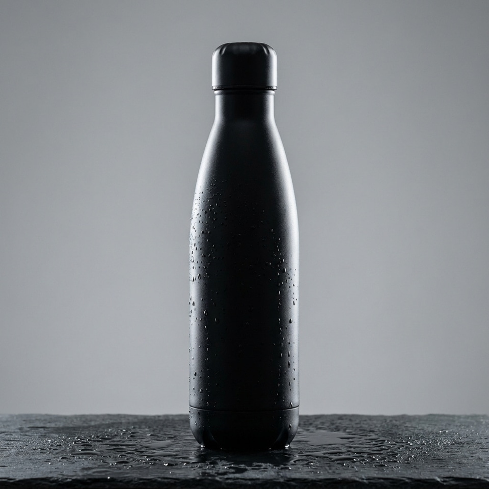 Nano Banana Pro: Studio product photo of a matte black stainless steel water bottle standing on wet dark slate, water droplets beading on the bottle, soft rim light from behind, clean seamless gray background, 85mm lens, sharp focus.