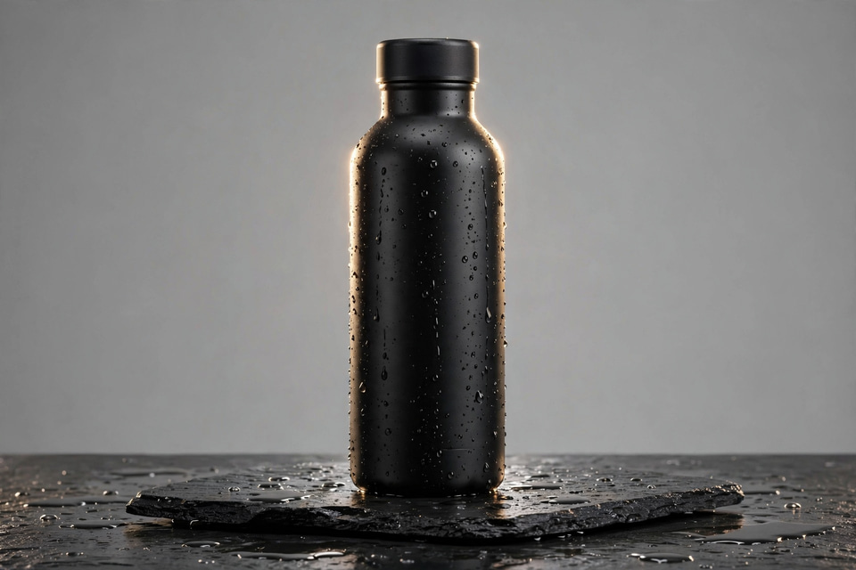 Muse Image: Studio product photo of a matte black stainless steel water bottle standing on wet dark slate, water droplets beading on the bottle, soft rim light from behind, clean seamless gray background, 85mm lens, sharp focus.