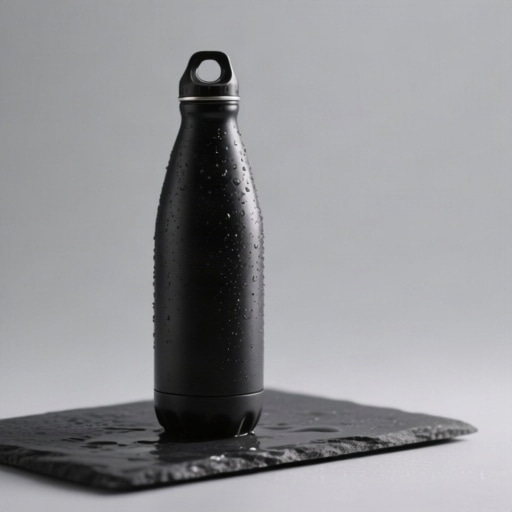Imagera Queen: Studio product photo of a matte black stainless steel water bottle standing on wet dark slate, water droplets beading on the bottle, soft rim light from behind, clean seamless gray background, 85mm lens, sharp focus.