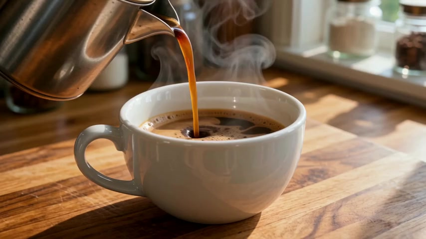 Imagera Warlord Pro: Close-up of fresh coffee pouring into a white ceramic cup on a wooden counter, the crema swirling, steam rising in morning light, a slow push-in.