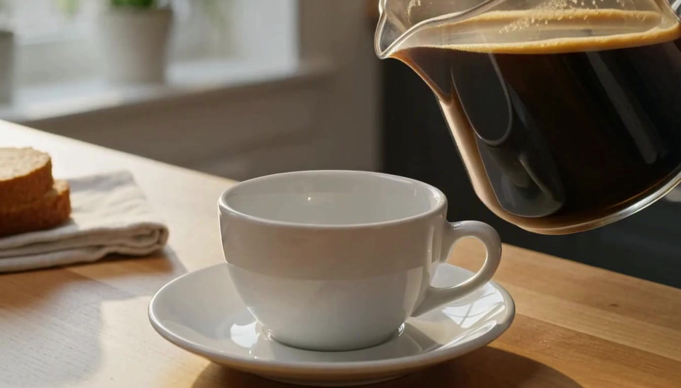 Imagera Hermes Turbo: Close-up of fresh coffee pouring into a white ceramic cup on a wooden counter, the crema swirling, steam rising in morning light, a slow push-in.
