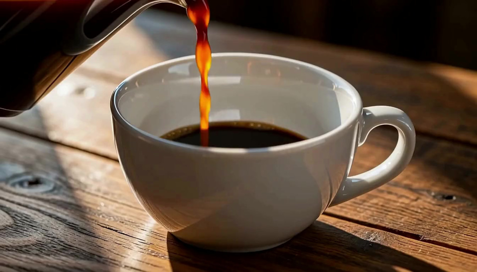 Imagera Hermes Video Gen: Close-up of fresh coffee pouring into a white ceramic cup on a wooden counter, the crema swirling, steam rising in morning light, a slow push-in.