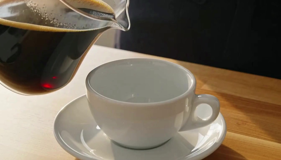 Imagera Hermes Max: Close-up of fresh coffee pouring into a white ceramic cup on a wooden counter, the crema swirling, steam rising in morning light, a slow push-in.