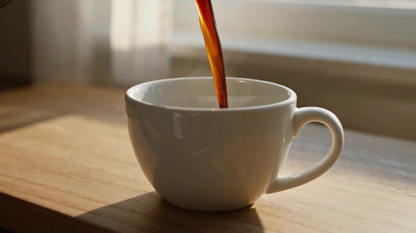 Seedance 2.5: Close-up of fresh coffee pouring into a white ceramic cup on a wooden counter, the crema swirling, steam rising in morning light, a slow push-in.