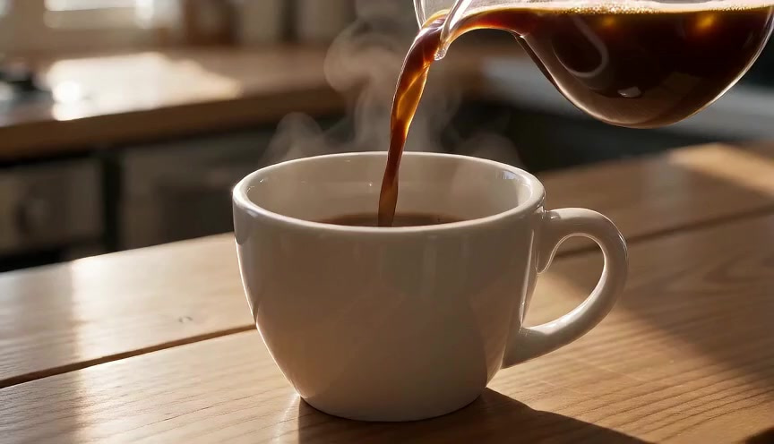 Seedance 2.0 Mini: Close-up of fresh coffee pouring into a white ceramic cup on a wooden counter, the crema swirling, steam rising in morning light, a slow push-in.
