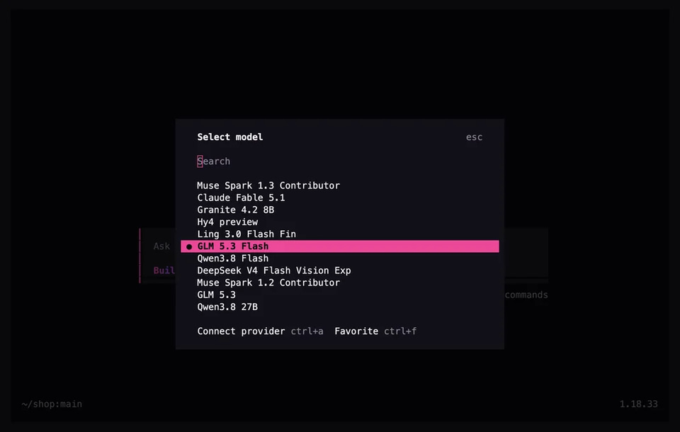 Terminal: the model picker with GLM 5.3 Flash selected